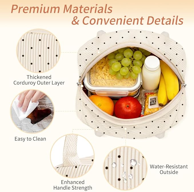 Coobiiya Lunch Bag Lunch Box for Women Men, Reusable Cute Corduroy Lunchbag - Leakproof, Insulated LunchBox Tote with Large Capacity, Dot