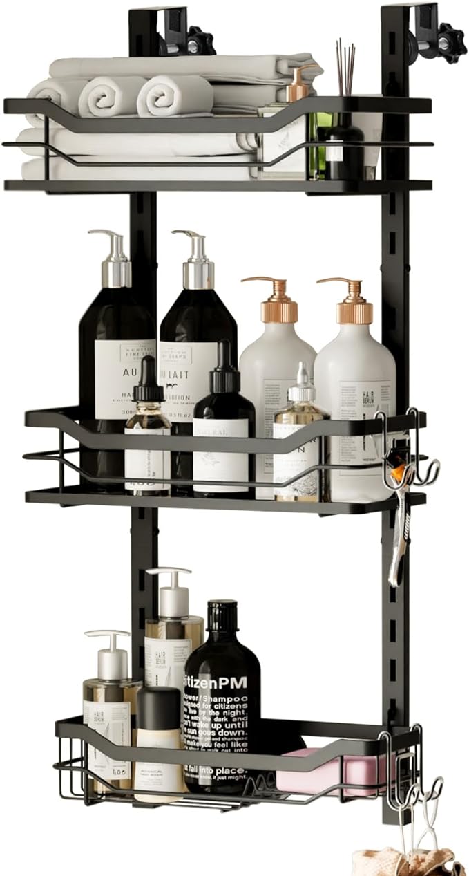 TAILI Hanging Shower Caddy Over The Door Adjustable Hanging Organizer Rack with Hooks, Sturdy Rust Proof Shower Organizer Shelf Basket Storage Rack, No Drilling