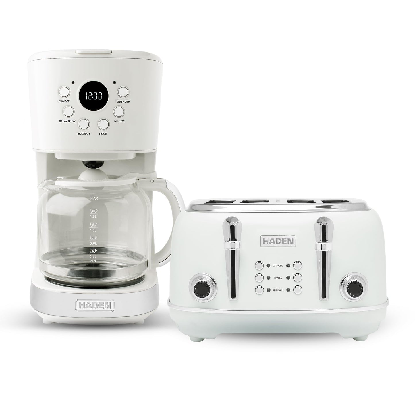 HADEN Heritage 4 Slice Wide Slot Stainless Steel Toaster Bundled with 12 Cup Programmable Drip Coffee Maker Coffee Machine, Black & Chrome