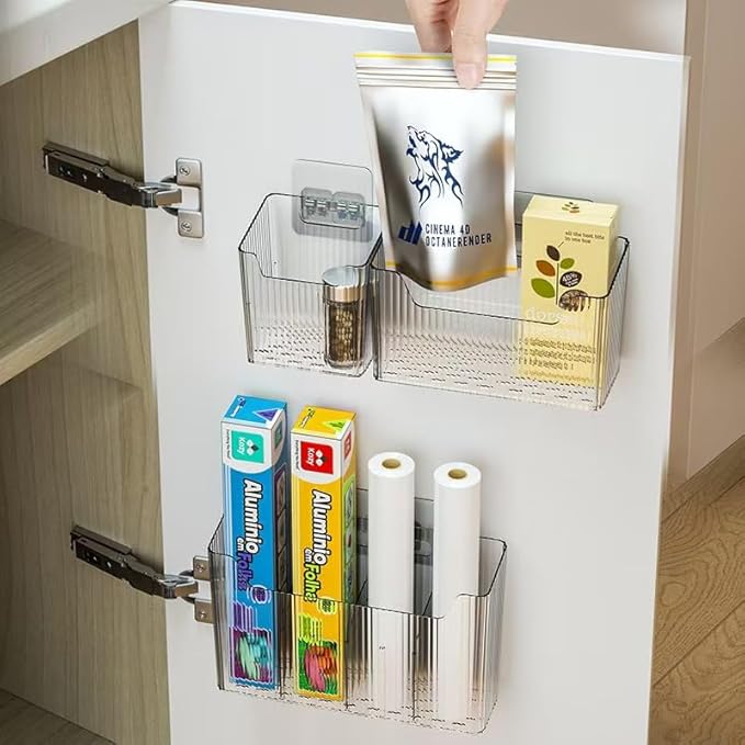 "Set of 3 Shower Caddy & Cabinet Door Organizer - Wall Mounted Shower Shelves with Adhesive, Stackable Plastic Shower Organizer, Clear Bathroom Organizers for Kitchen, Pantry (BPA Free, Large)"