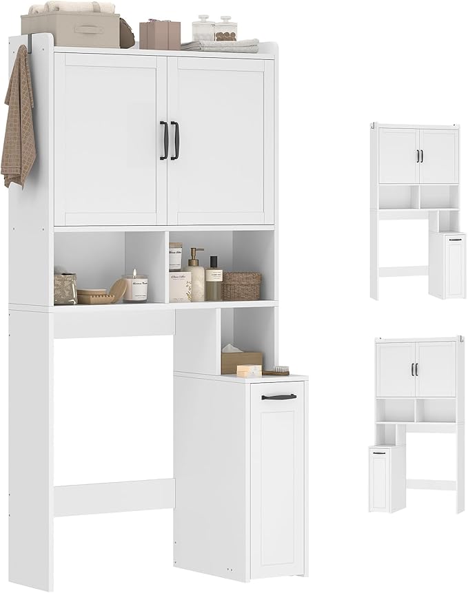 Over The Toilet Storage Cabinet with Pulley Small Bathroom Storage Cabinet, Space Saver W/Adjustable Shelf & Open Shelf for Bathroom, Restroom, Laundry (White)
