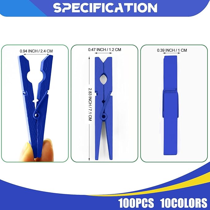 Clothes Pins Wooden 2.9 Inch, 100 Pack Colored Clothespins Wood, Clothing Pins Clips for Baby Shower Craft Dark Blue