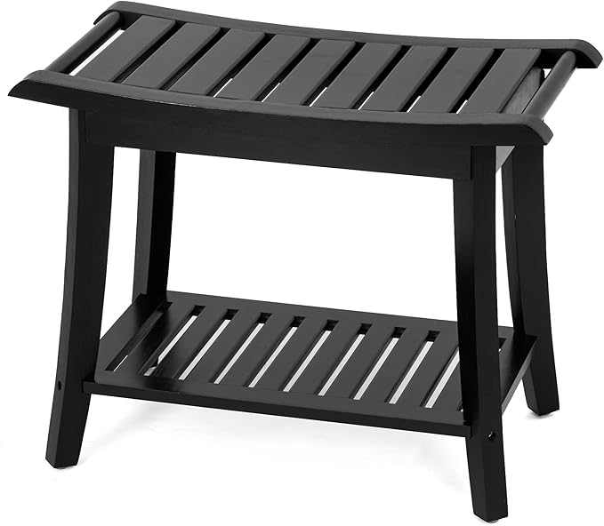 Bamboo Shower Bench Inside Shower Stool with Storage Shelf, Spa Bath Chair for Bathroom, Seat or Organizer for Living Room, Bedroom and Garden - Great for All Ages Unisex Elderly (Large, Black)