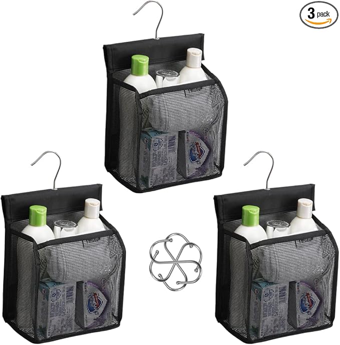 ALYER Hanging Mesh Shower Caddy Organizer Bathroom Storage Bag with Hooks for College Dorm, Gym, Swimming,RV and Travel,Black-3 Pack