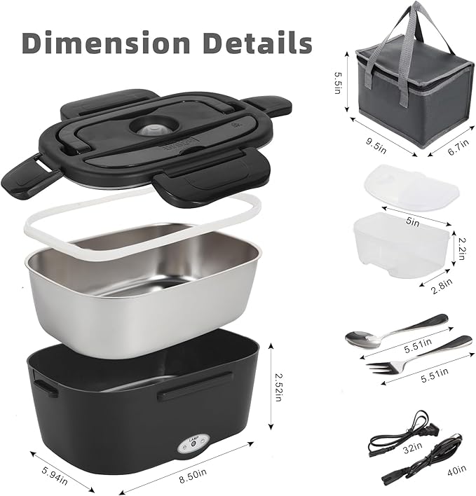 Electric Lunch Box, 12V/24V/110V Portable Food Warmer with SS Fork & Spoon for Car/Truck/Office, 80W Self Heating Lunch Box with 1.5L Container & 0.45L PP Fruit Box Matte Black