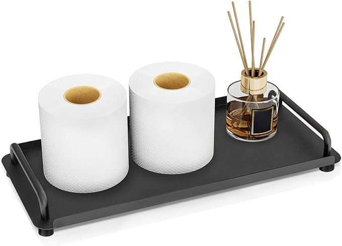 Toilet Paper Basket, Tank Tray with Handle, Bathroom Counter Storage Tray for Kitchen (Black)