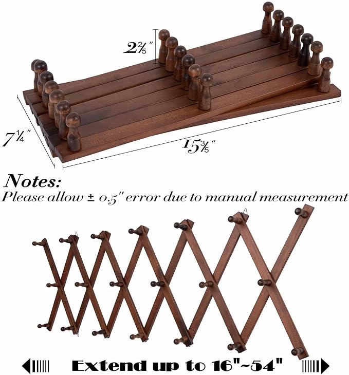 Accordion Wall Hanger with 20 Hooks, Expandable Wall Hat Display Rack, Wooden Wall Hook for Coat, Hats, Baseball Caps, Coffee Mug, Jewelry(Brown)