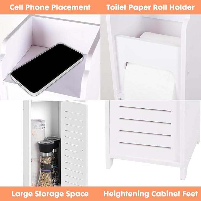 ShellKingdom Toilet Paper Holder Stand, Small Bathroom Storage Cabinet with Doors and Shelves, Slim Storage Cabinet for Bathroom Small Spaces Corner Floor - White
