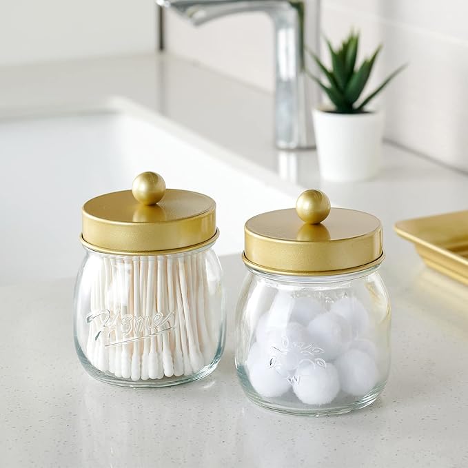 SheeChung 3Pack Warm Golden Undertones Bathroom Decor, Cotton Swab Holders, Bathroom Container Set, Restroom Decor for Cotton Round Pads, Balls, Floss Pick - Brushed Gold