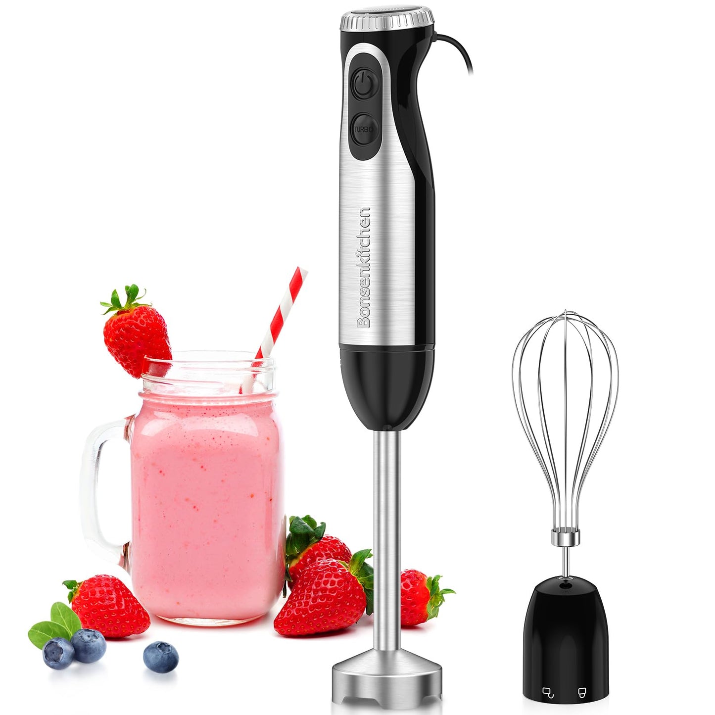 Bonsenkitchen 2-in-1 Immersion Handheld Blender with 20 Speeds & Turbo Mode