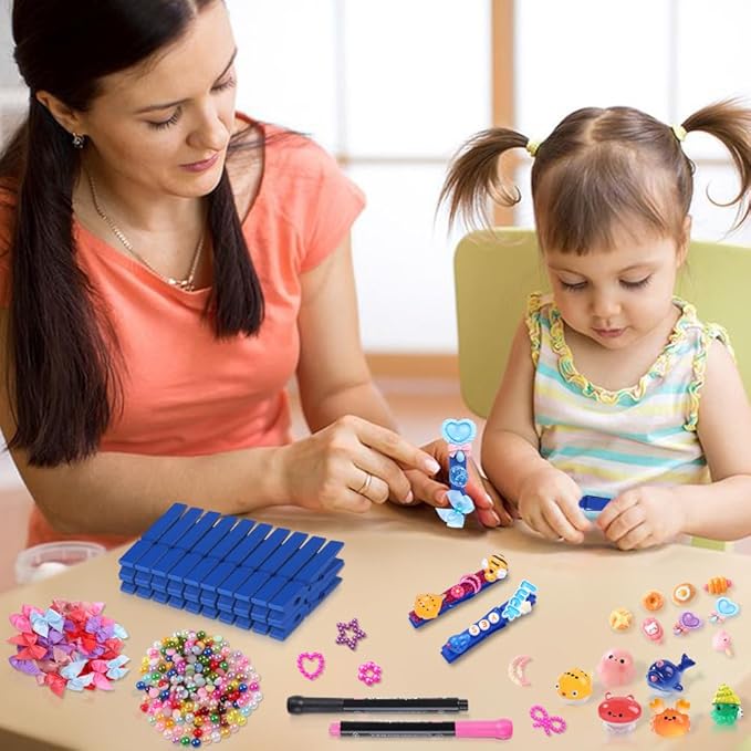 JOICEE 80 Set Cheer Pins Spirit Clips,80 Clothes Pins 126 Mini Resin Animals Bows Daisy and Stickers Pen Over 300 Beads Pearls for Cheerleading Backpacks Ribbon Team Classroom Cheer Gifts Bulk(Blue)