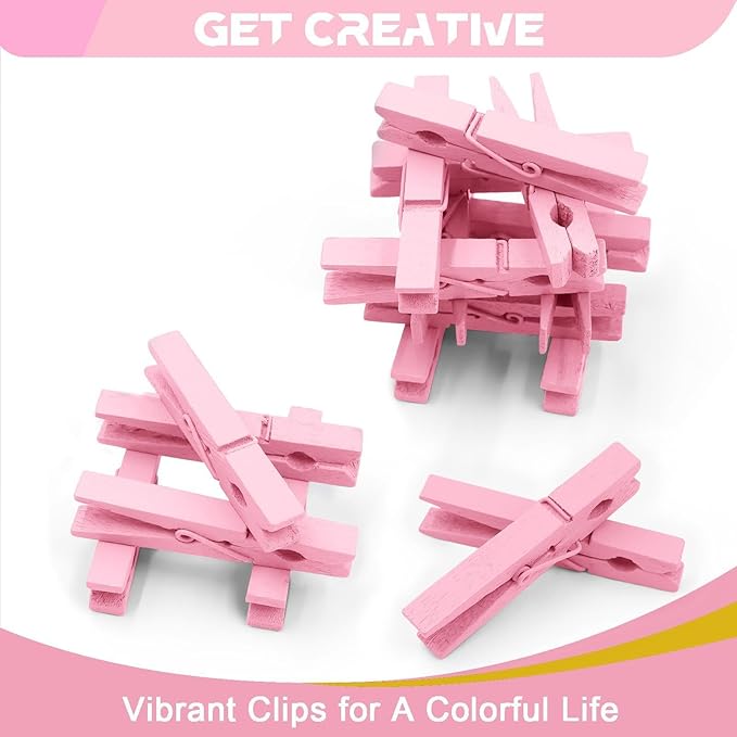 Pink Clothes Pins Wooden 100 Pack, Colored Clothespins for Craft Art Baby Shower Classroom 2.9 Inch