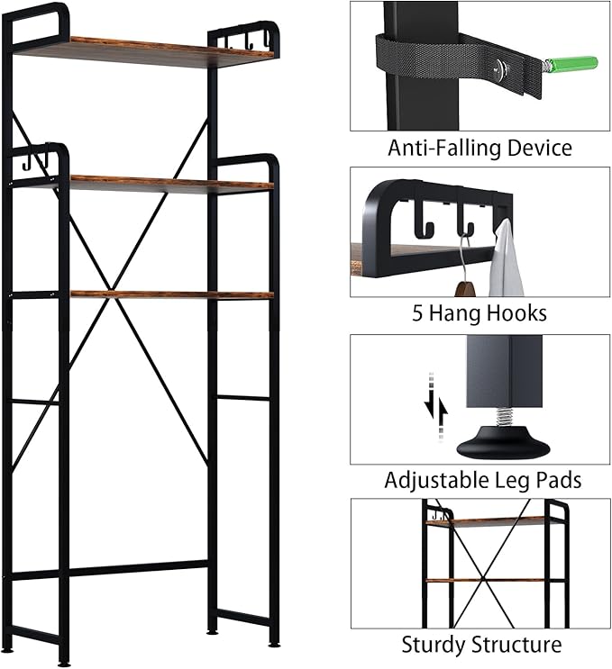 Over The Toilet Storage Rack with 3-Tier Bathroom Shelves, Space Saver Toilet Shelf, Bathroom Storage Organizer with Hooks for Over Toilet Storage and Shelf (Rustic Brown)