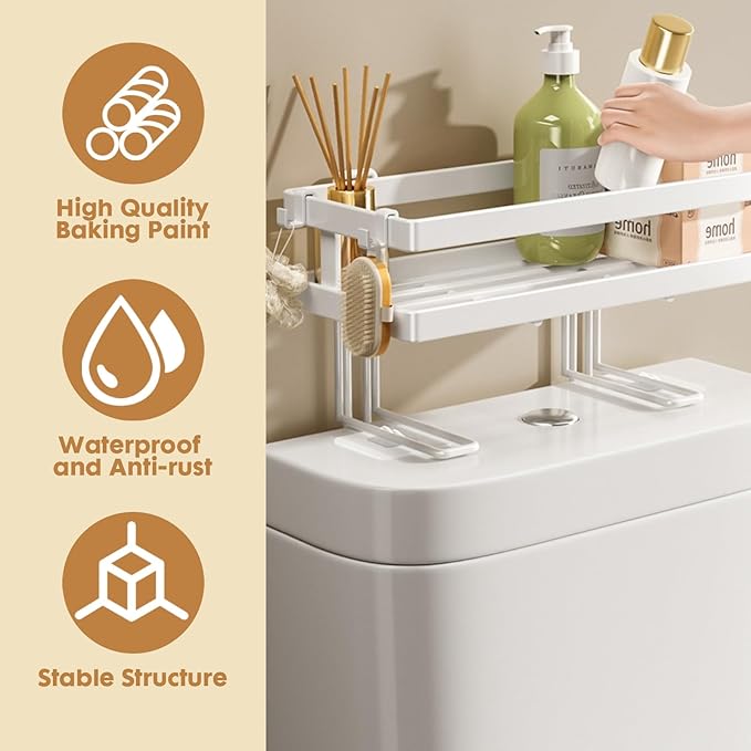 ShellKingdom Over The Toilet Storage Shelf, Toilet Paper Holder Stand Shelves, Punch-Free Bathroom Storage Rack with 2 Hooks, Small Space Organizers for Bathroom, Home, Countertop, White