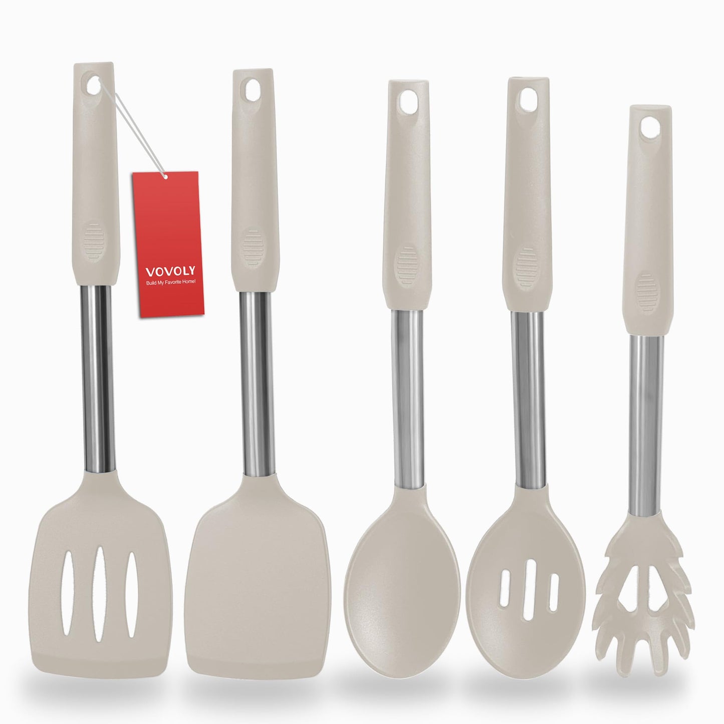 Silicone Spatula and Cooking Spoon,5 Pack Non-Stick Cooking Utensils for Kitchen，Heat Resistant Solid & Slotted Spoons and Spatulas, Stainless Steel Handle Coated with Silicone, Khaki