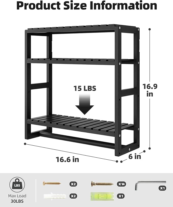 Bathroom Shelves Towel Racks Over Toilet Storage with Towel Bar 3 Tier Floating Wall Mounted Space Saving Bamboo Paper Holder for Bathroom Laundry Room Kitchen Organizers (Black)