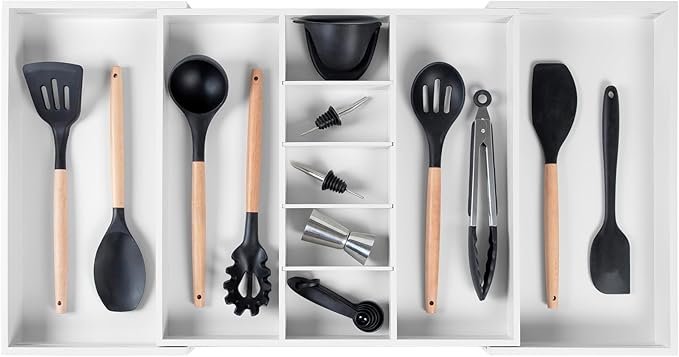 KitchenEdge Utensil & Junk Drawer Organizer, 19-33 in, White Bamboo