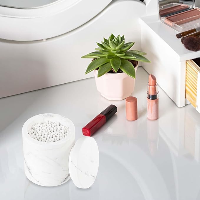 Natural Marble Canister, Cotton Swab Holder with Lid, High Capacity Bathroom Qtip Holder Storage for Cotton Swab, Floss Picks, Makeup Pad, Bath Salt, Jazz White(NS020)