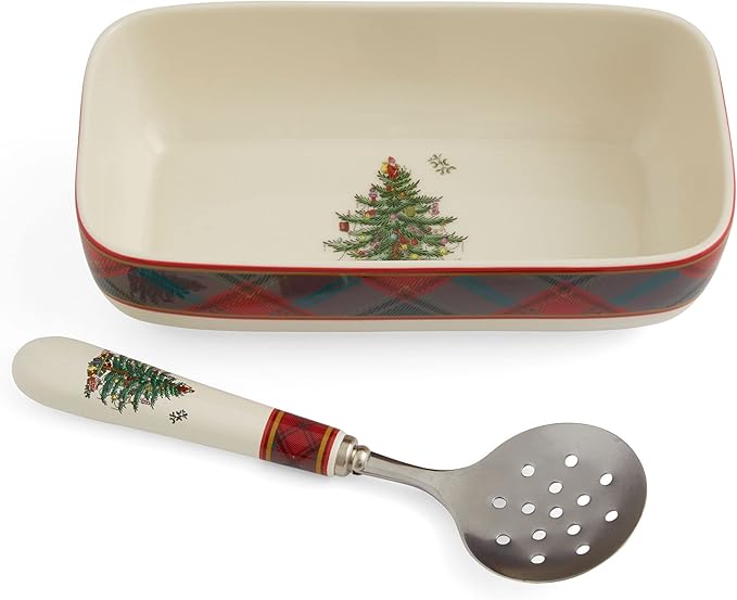 Spode Christmas Tree Tartan Rectangle Server with Slotted Spoon - Set of 2