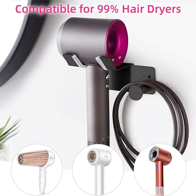 Hair Dryer Holder, Hair Dryer Holder Wall Mounted, Self Adhesive Blow Dryer Holder, Stainless Steel Hair Dryer Stand, Hairdryer Holder for Bathroom Black BANJEKT