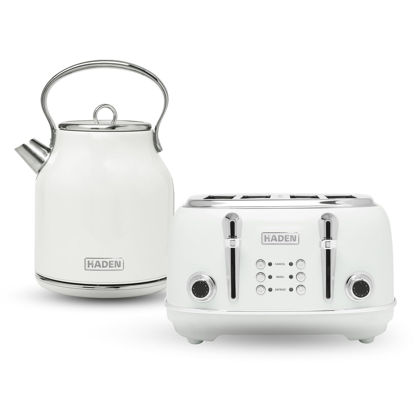 Haden Heritage Stainless Steel Body Retro Electric Tea Kettle, White and Haden Heritage 4 Slice Wide Slot Stainless Steel Retro Toaster, White
