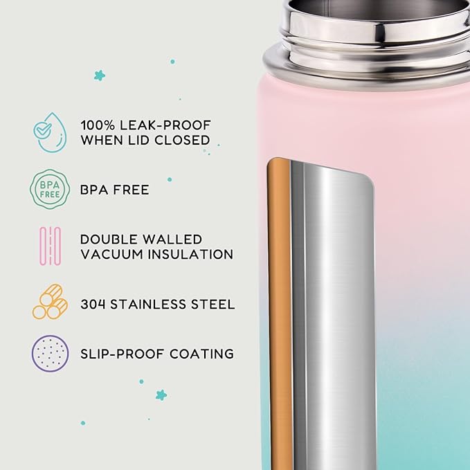 12oz Kids Water Bottle for School, Toddler Bottles with Straws, Stainless Steel Vacuum Insulated Water Bottle for Boys&Girls, Leak-Proof, BPA-Free, Bubble Gum