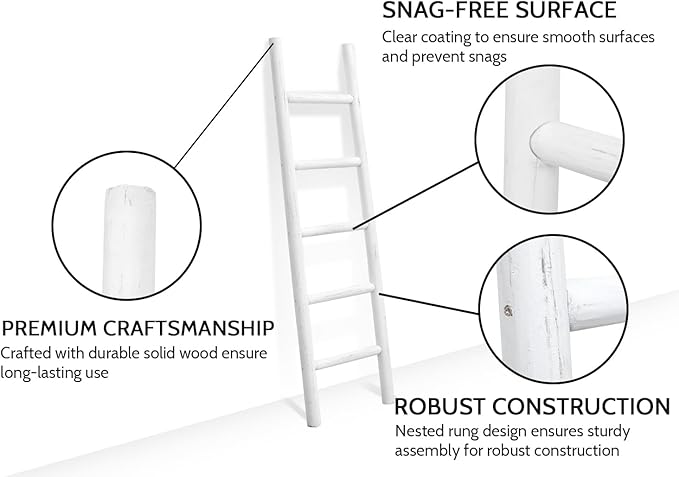 FUIN 57in Wood Blanket Ladder Living Room Decorative Wall Leaning Farmhouse Quilt Display Holder Rustic Wooden Towel Rack for Bathroom, White