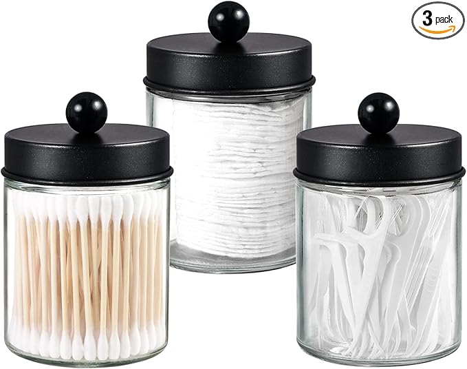 3 Pack Apothecary Jar Canisters Bathroom Vanity Organizer - Qtip Holder Storage Organizer Set Countertop Canister with Stainless Steel Lids &Cute Stickers for Qtips,Cotton Swabs,Makeup Sponges,Floss