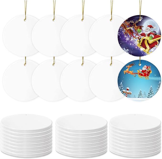 Sublimation Ceramic Ornaments - Bulk Ceramic Discs for Heat Press Printing - White Round Porcelain Personalized Xmas Tree Keepsake Crafts Gift - 48pc