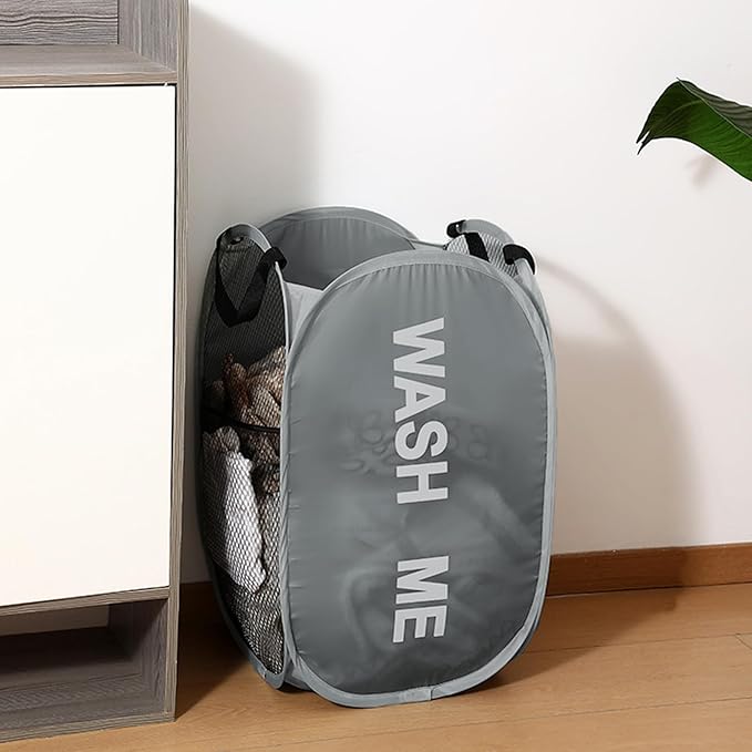 Mesh Laundry Hamper Pop Up Laundry Hamper Collapsible Laundry Basket with Carry Handles, Large Side Pocket for Bedroom, Student Dorm, RV, Cruise, Grey