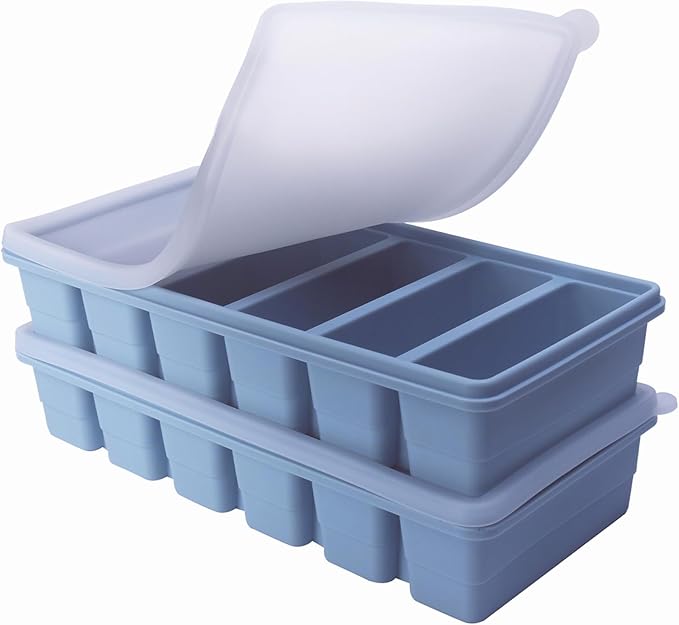 1/2 Cup Silicone Freezer Tray With Lid - Silicone Freezer Molds 2-Pack For meal prep & freezing of various sauces and other dishes, makes 12 perfect 1/2 cup portions cube (Blue 2 Pack)