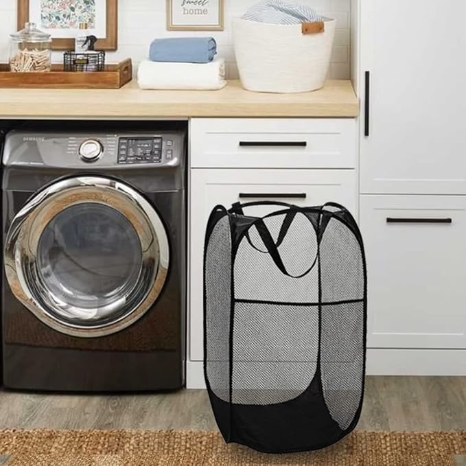 BATTOO Strong Mesh Pop Up Hampers for Laundry, Collapsible Laundry Baskets with Side Pocket Carry Handles for Laundry Room, Bathroom, Kids Room, College Dorm or Travel Black