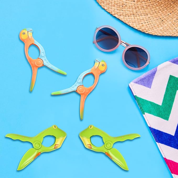 Beach Towel Clips, Sopito Jumbo Size Towel Clips for Beach Chairs Cruise Patio and Pool Accessories, Set of 4 (Green Orange Frog Parrot)