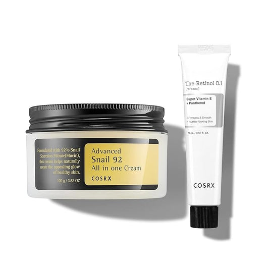 COSRX Skin Cycling Routine - Snail Mucin 92% Cream + Retinol 0.1 Cream, Recovery Set for Face and Neck, Fine Lines Spot Treatment, Repair Moisturizer for Face