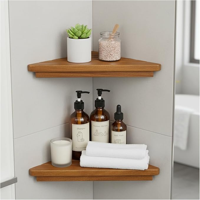 Wooden Corner Shower Shelf Triangular Corner Shelf Wooden Bathroom Shelf for Tiled Wall, 2 Pack Shower Corner Shelf, No Drilling Requied