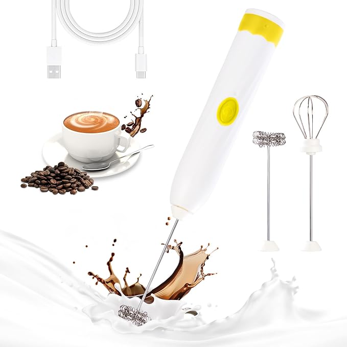 Milk Frother Handheld Rechargeable,Hand Mixer Electric Whisk with 2 Speeds,Drink Mixer Coffee Frother With 2 Stainless Steel Whisks for Coffee, Matcha, Lattes, Cappuccino,Egg,No Stand,Yellow
