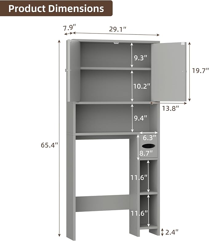 Shintenchi Over The Toilet Storage Cabinet, Bathroom Storage Cabient with Barn Doors, Bathroom Storage Shelf Organizer with Toilet Paper Holder, Adjustable Shelf and Anti-Tip Device, Gray