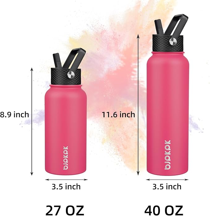 BJPKPK Insulated Water Bottles with Straw Lid, 40oz Stainless Steel Water Bottles with 3 Lids, BPA Free Leakproof Thermo, Tumblers, Cups for Sports, Gym- Rose Pink