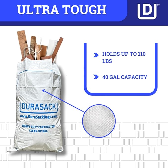 DURASACK Contractor Bags Heavy Duty 40-Gallon Reusable White Woven Polypropylene Contractor Garbage Bags, Pack of 16