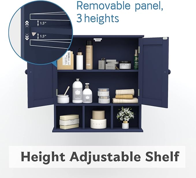 TaoHFE Blue Bathroom Over The Toilet Storage Cabinet,Wall Medicine Cabinet Organizer with 2 Door Adjustable Shelves,Wooden Modern Bathroom Shelves Wall Mounted Laundry Room