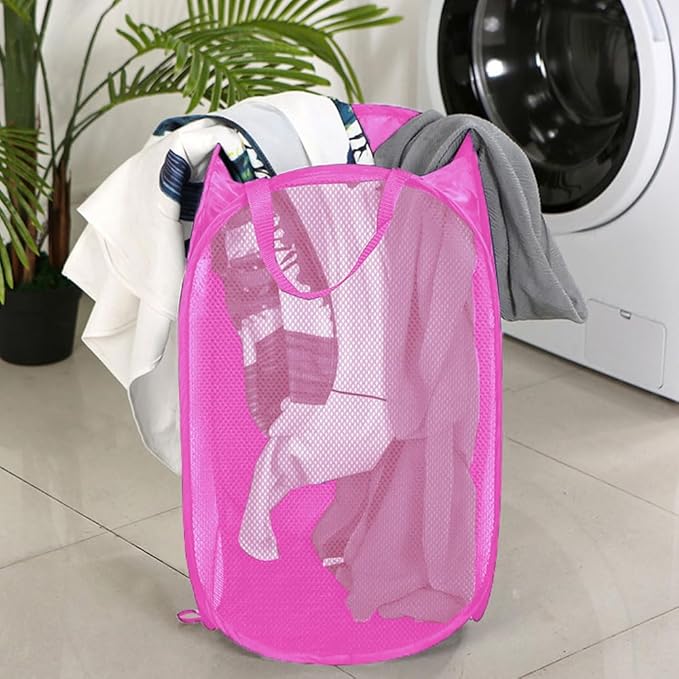 Larpur 2Pack Foldable Popup Laundry Basket, Collapsible Portable Mesh Clothes Washing Laundry Hamper with Reinforced Carry Handles (Pink)