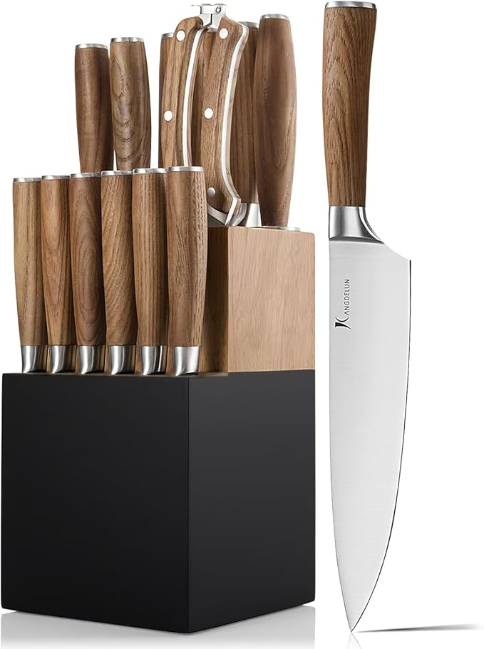 Kangdelun Ultra Sharp 15-Piece Kitchen Knife Set, High Carbon Stainless Steel Blades, Torrefied Natural Wood Handles, Ergonomic Design, Space-Saving Black-Finished Wood Block, Easy Hand Wash, Gift Box