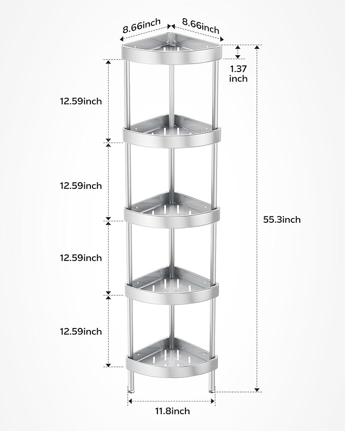 Nieifi Corner Shower Caddy Stand-5 Tier Rustproof Anodized Aluminum Standing Shower Organizer-Shower Caddy Corner-Dual Stability to Anti-Shaking-Height-Adjustable Legs for Uneven Surfaces-Silver