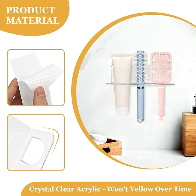 2-Pack Acrylic Hair Brush Holder Wall Mounted, Bathroom Organizer with Industrial Adhesive for Combs, Round Brushes, Hair Tools, Space Saving Design (Transparent)