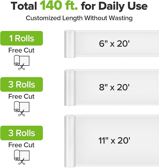 Amzpass Vacuum Sealer Bags for Food, 7 Pack - 8" x 20' (3 Rolls) + 11"x 20' (3 Rolls) + 6"x 20' (1 Roll), BPA-Free Commercial Grade Embossed Customized Size Bags for Food Storage, Meal Prep, Sous Vide