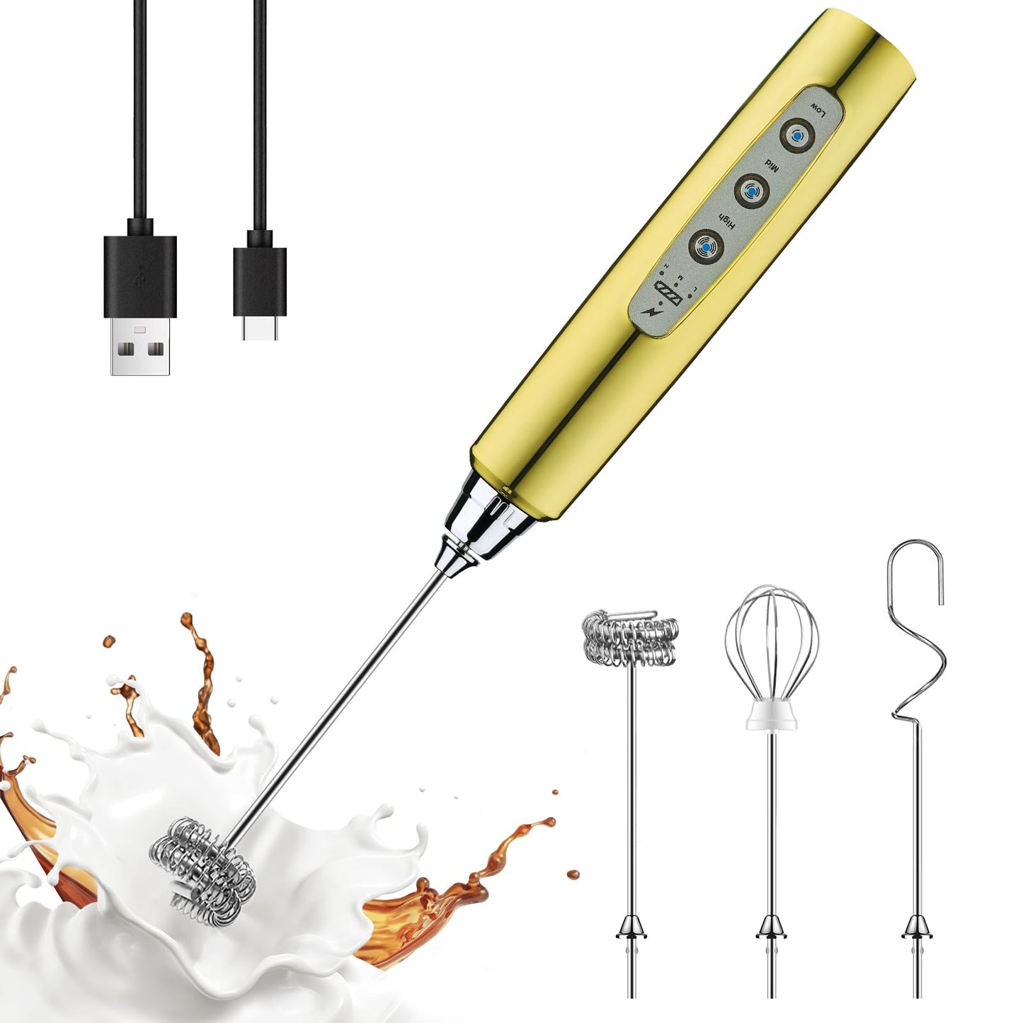 YUSWKO Handheld Milk Frother Wand for Coffee, Rechargeable Electric Whisk with 3 Heads 3 Speeds Drink Mixer Coffee Frother For Latte, Cappuccino, Hot Chocolate, Egg, Beige