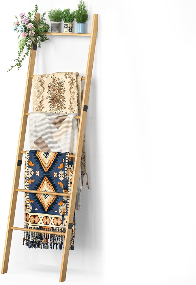 BAMBANG 6-Tier Blanket Ladder for Living Room, Blanket Quilt Ladder Rack Rustic Decorative Towel Holder, Wall Leaning Blanket Ladder Shelf Storage Farmhouse Decor for Bedroom Bathroom, Natural