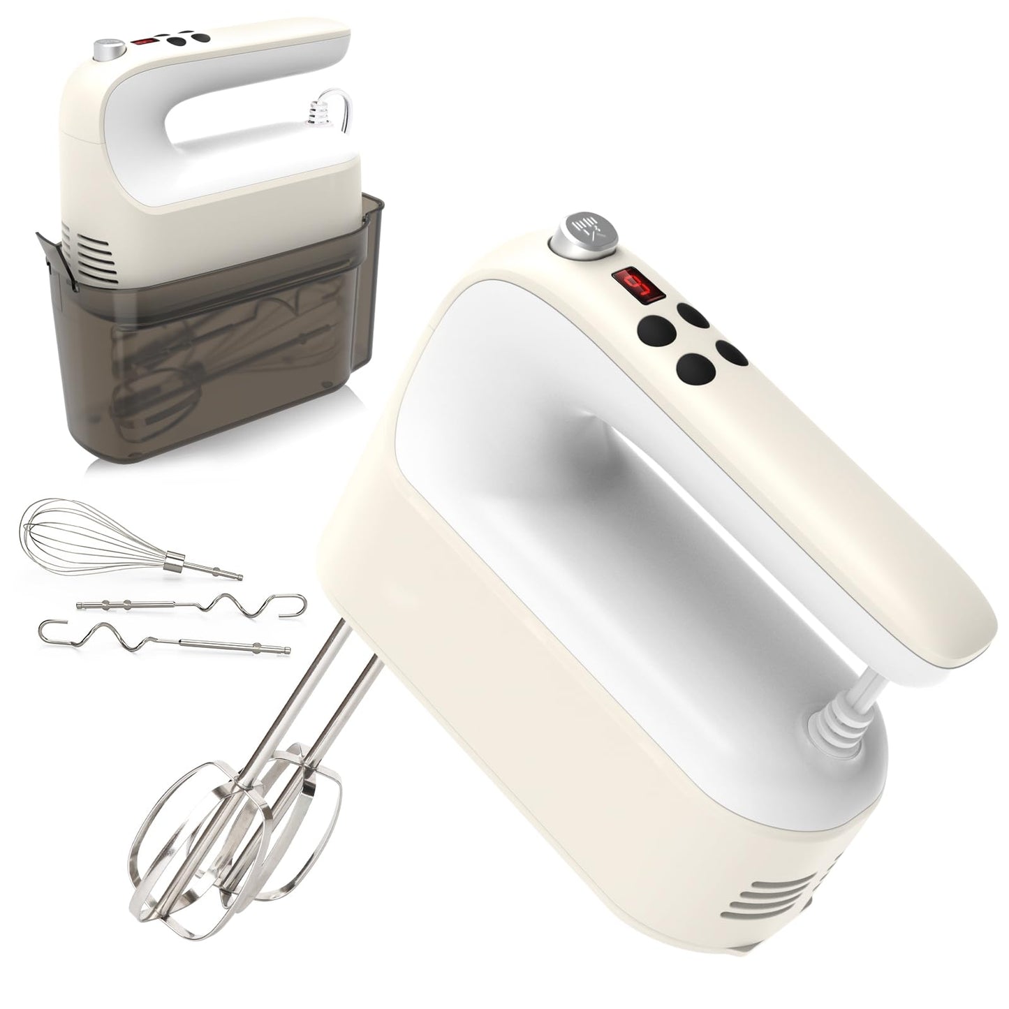 Yomelo 9-Speed Digital Hand Mixer Electric, 400W Powerful DC Motor, Hand Mixer Electric Handheld with Snap-On Storage Case, 5 Stainless Steel Accessories, Beaters, Dough Hooks, Whisk(White/Black)