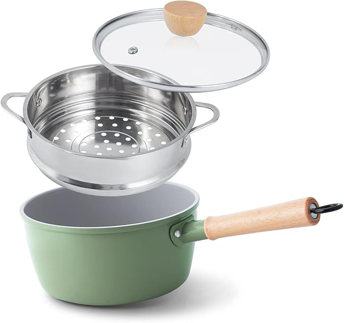 ROCKURWOK Ceramic Nonstick Sauce Pan with Lid, 1.5 Qt Small Pots for Cooking, Small Pot Wooden Handle for Cool Touch, Non Toxic & Pfas-Free Saucepan, Universal Base(Gas, Electric & Induction), White