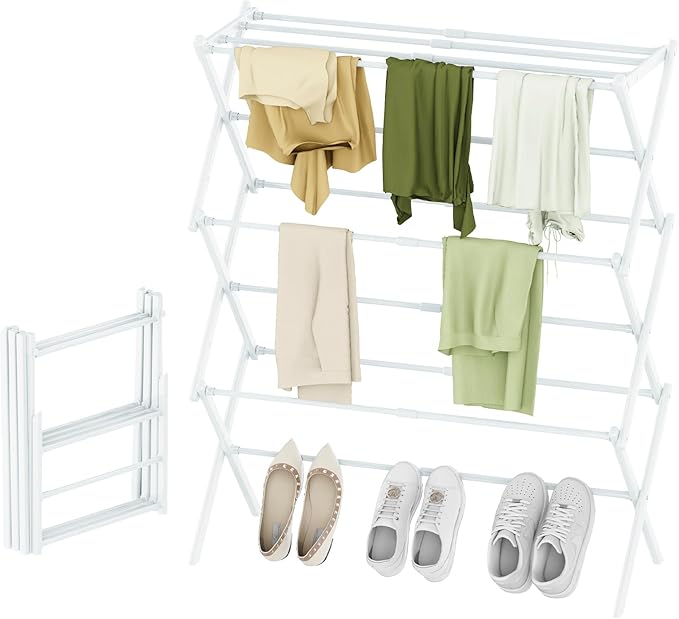 Foldable Drying Rack Clothing, 3-Tier Portable Clothes Drying Racks for Indoor & Outdoor, Anti-Rust Compact Laundry Rack Collapsible, White 29" D x 14" W x 41" H